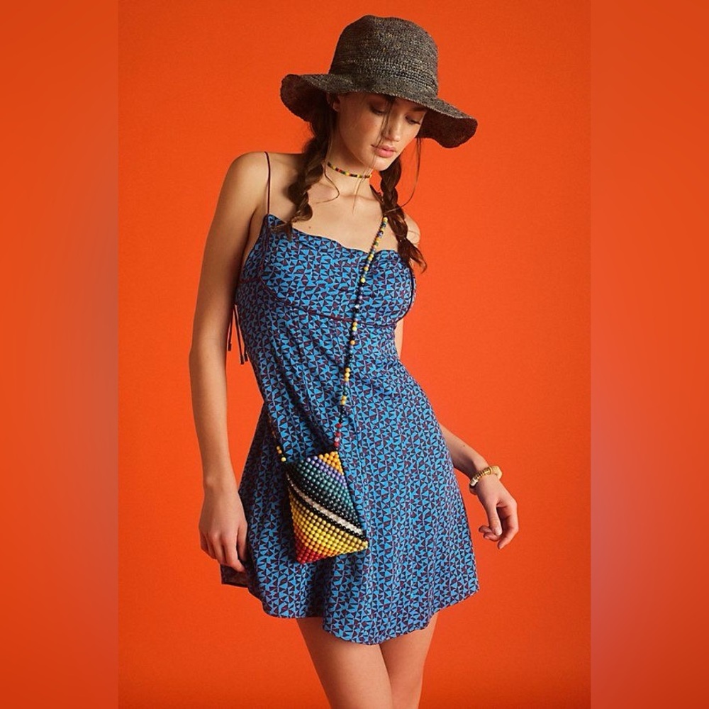 NWOT Free People Kai Mini Print Dress Blue Geometric Tie Strap Medium Boho